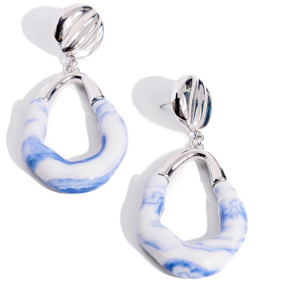 Blue Marble and Silver Earrings